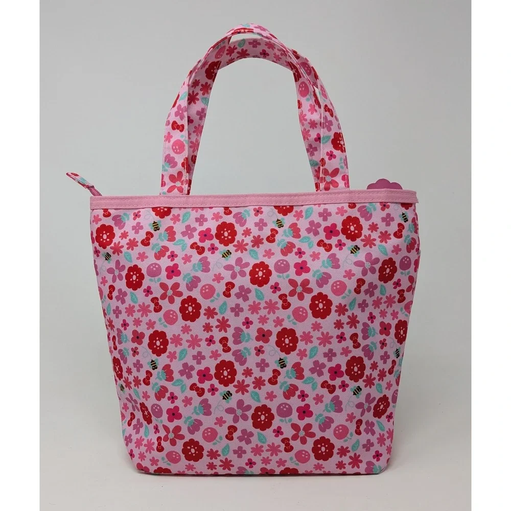 Sanrio Hello Kitty Hand Bag Purse Small Canvas Tote Pink Floral Flowers Kawaii